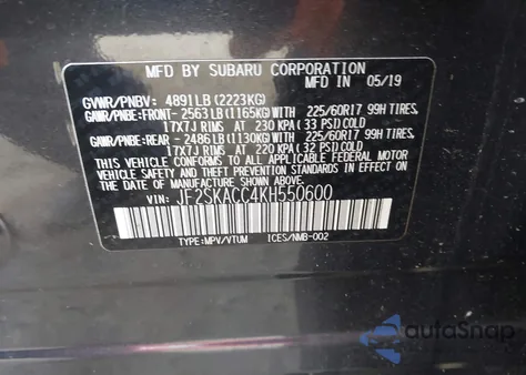 2019 Subaru Forester z USA, uszkodzony, nr VIN JF2SKACC4KH550600